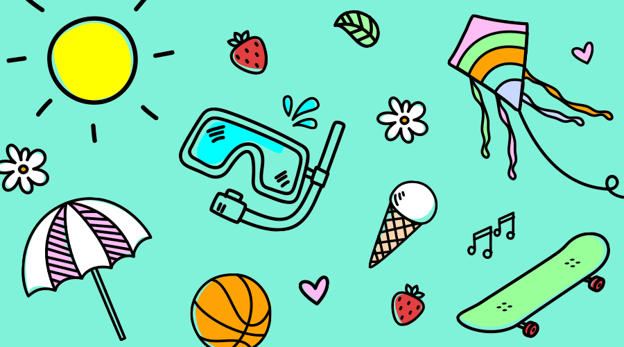 Tecknade symboler för somriga aktiviteter, som drake som flyger, cyklop och snorkel, sol, glass, basketboll osv.