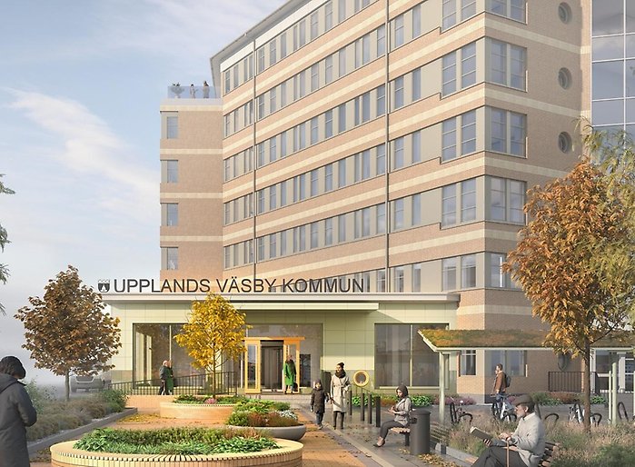 Ett stort hus. Framför huset finns växter och animerade människor.