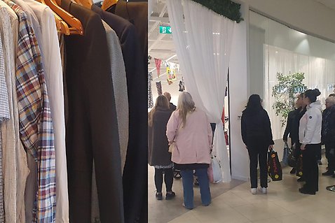 På bild syns kläderna från insamlingen till niornas avslutningsmiddag. Det hänger herrkläder på galge. På andra bilden syns kön in till lokalen för klädbytesdagen.
