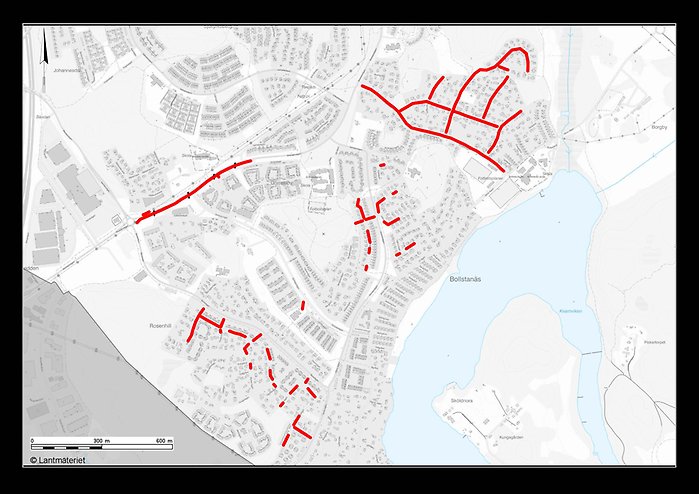 Markering på karta var belysningsarbetet kommer att pågå.