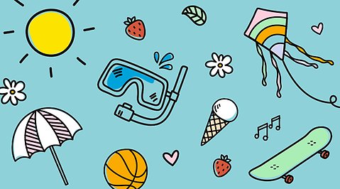 Tecknade symboler för somriga aktiviteter, som drake som flyger, cyklop och snorkel, sol, glass, basketboll osv.