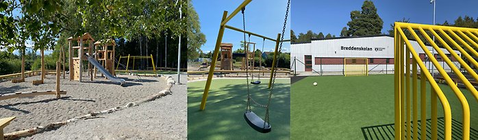 Tre bilder som visar delar av den upprustade skolgården på Breddenskolan med gungor, fotbollsplan och lekpark. Flera ytor med mycket gula färger och trä.